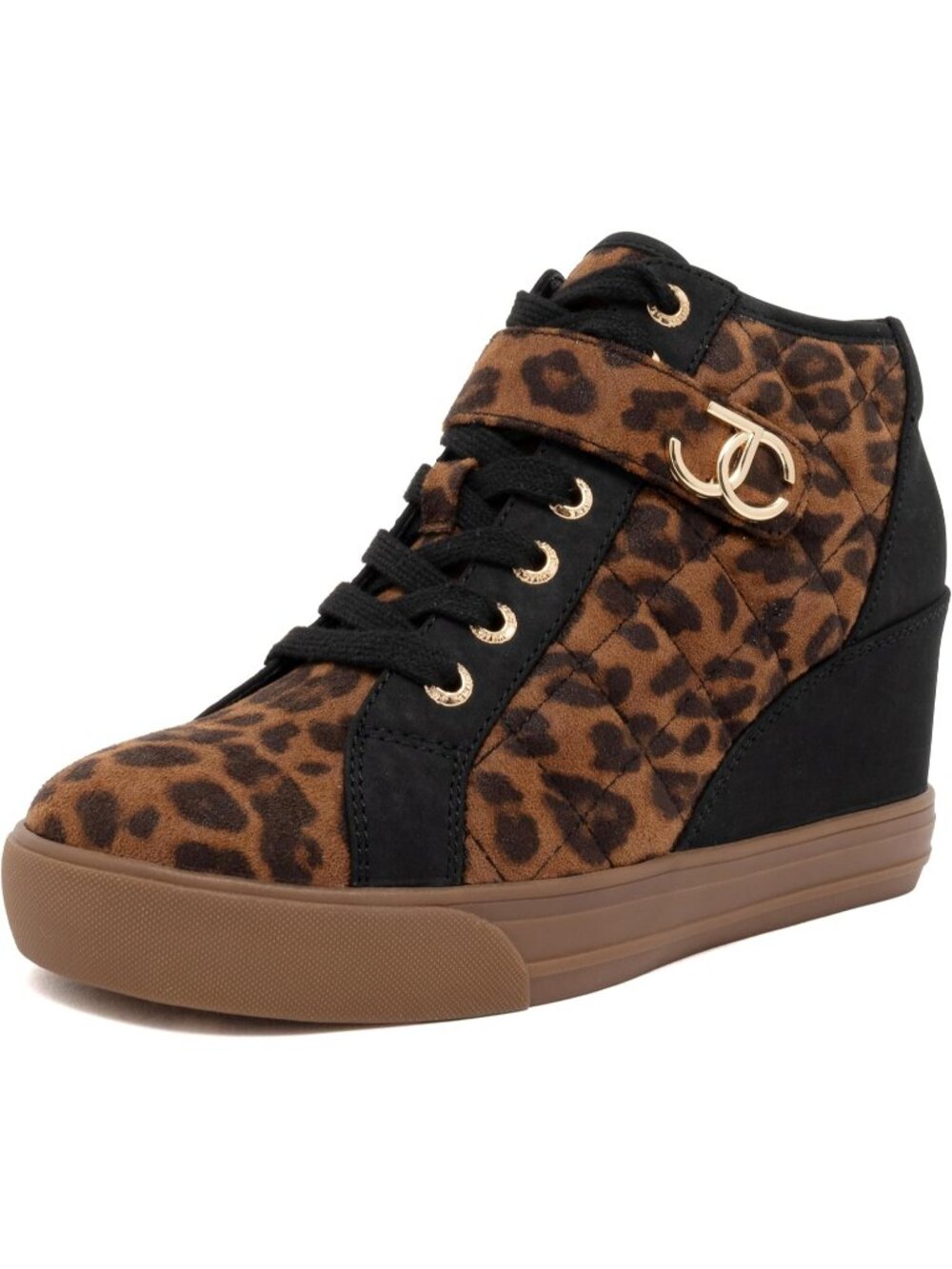 Women's Black Leopard Faux Leather Platform Wedge High-Top Fashion Sneakers